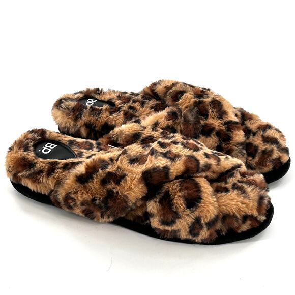 BP. Sophie Criss Cross Slippers 11 12 NWOT Plush Faux Fur Leopard Slides Slip On - Picture 2 of 7